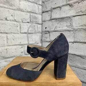 Boden Mary Jane Pumps 38 7.5 Navy Suede Block Heels Buckle Strap Round Toe Shoes
